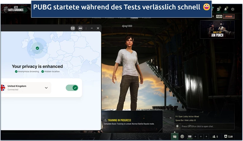 Screenshot vom Laden von PUBG mit Norton VPN, das mit Großbritannien verbunden ist