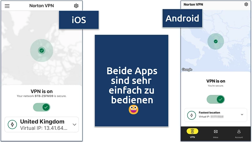 Side-by-side Screenshots von iOS und Android Norton VPN Apps