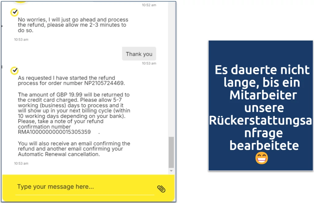 Screenshot eines Gesprächs mit dem Norton VPN-Support, in dem ich um eine Rückerstattung gebeten habe