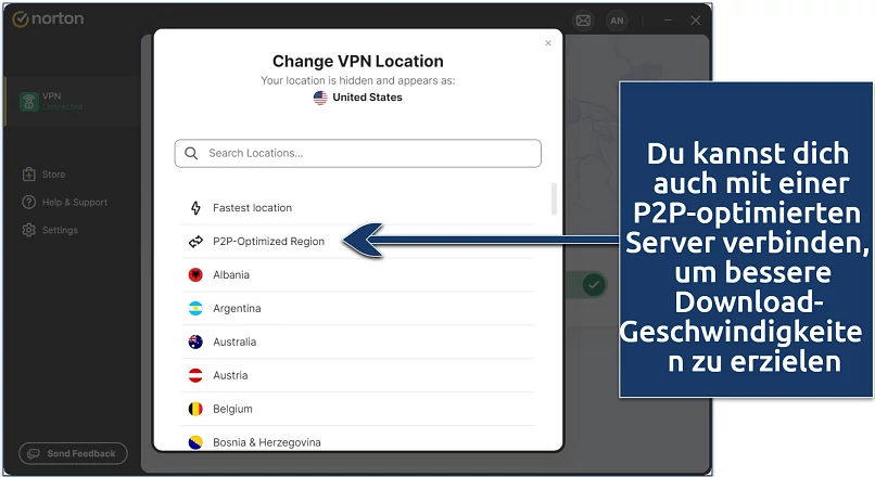 Screenshot der Norton VPN-Serverliste