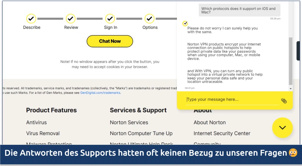 Screenshot eines Gesprächs mit dem Live-Chat-Agenten von Norton VPN