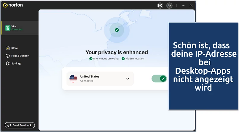 Screenshot der Windows-App von Norton VPN, die mit einem US-Server verbunden ist
