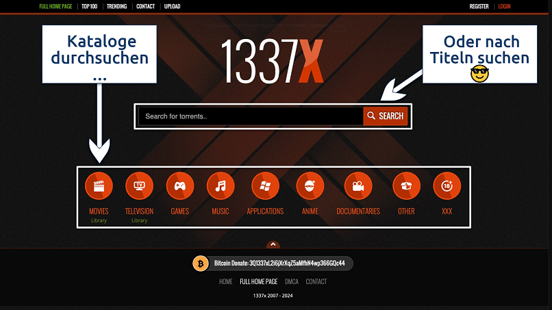 Screenshot of the 1337x home page