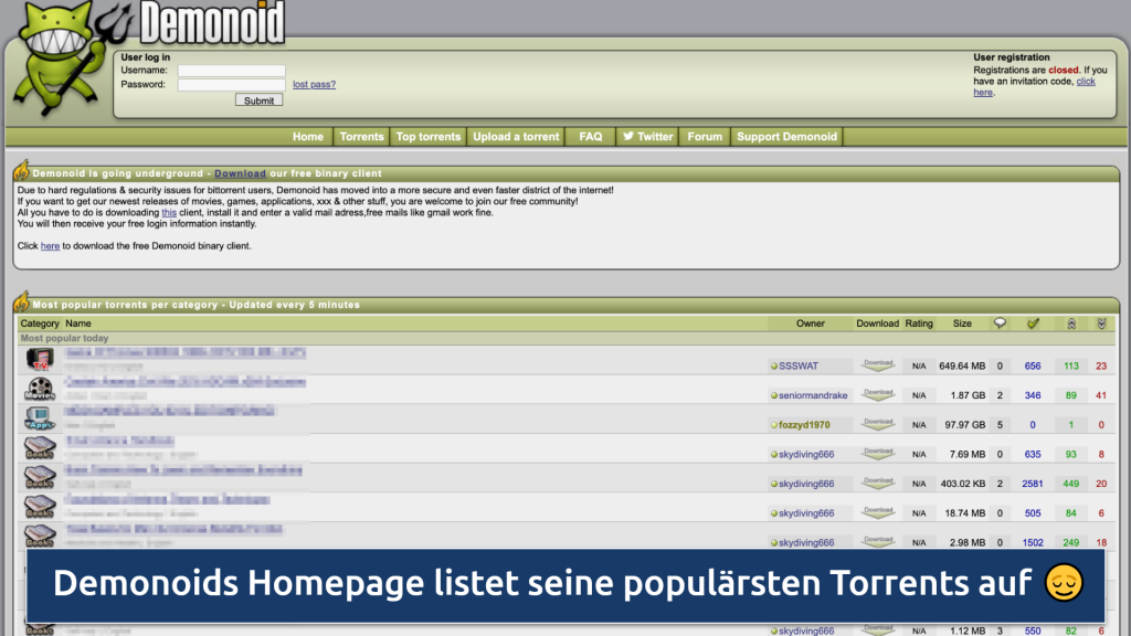 Screenshot of the Demonoid homepage