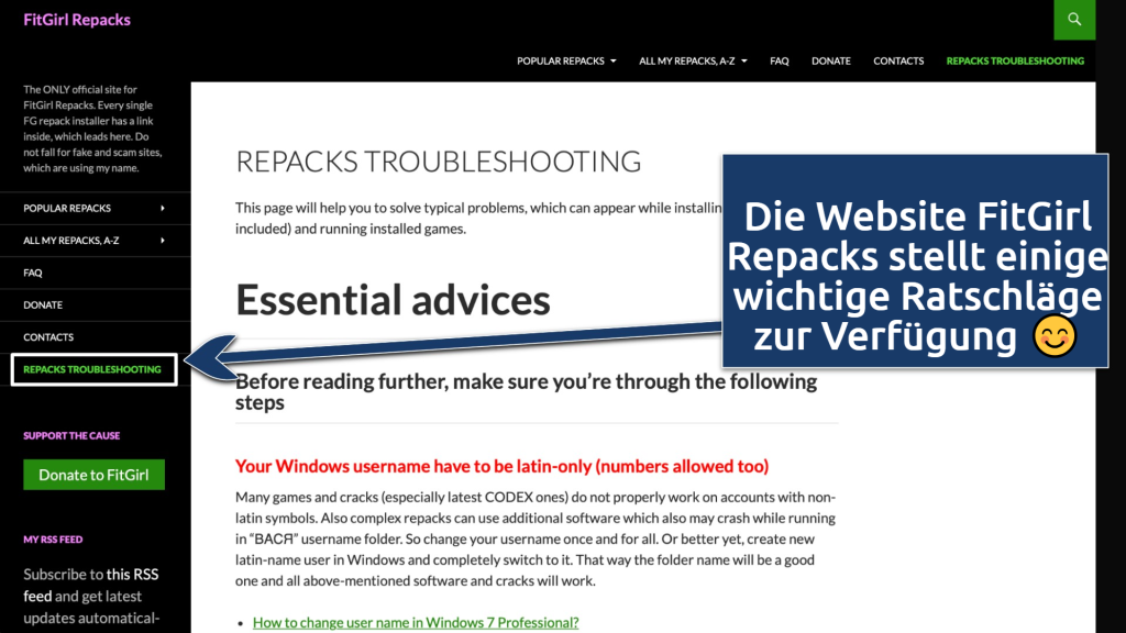 Screenshot of the FItGirl Repacks troubleshooting page