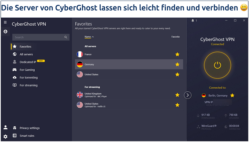 Screenshot of CyberGhost's Windows app showing a
