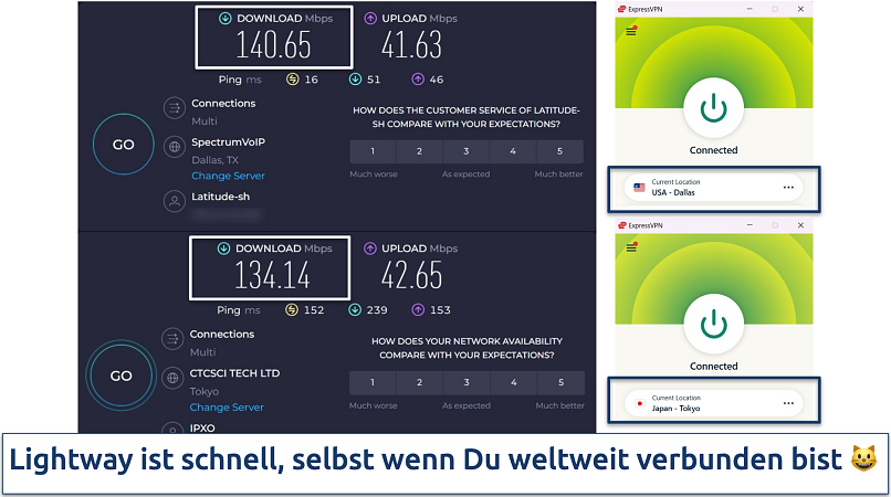 Screenshot of ExpressVPN's app next to Ookla speed tests on Dallas and Tokyo servers