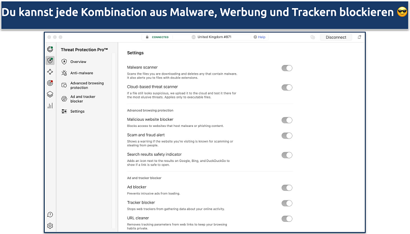 Screenshot of the Settings tab on NordVPN's Threat Protection Pro