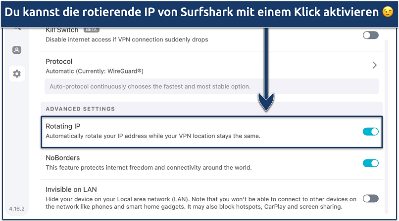 Screenshot showing how to activate Surfshark's Rotating IP feature