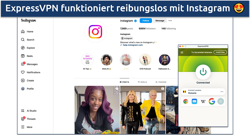 Screenshot of Instagram's website with ExpressVPN connected