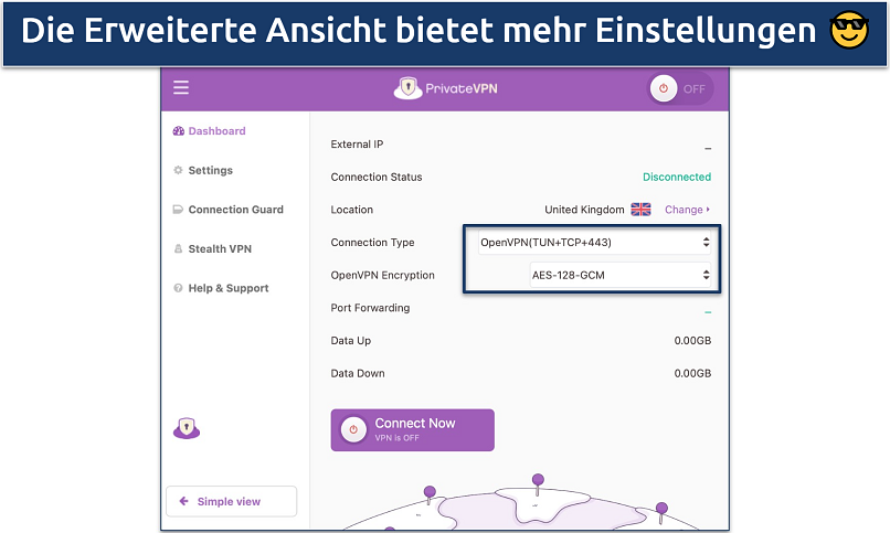 Screenshot of PrivateVPN's Mac app highlighting its settings