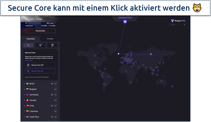 Screenshot of ProtonVPN's interface showing an active VPN connection