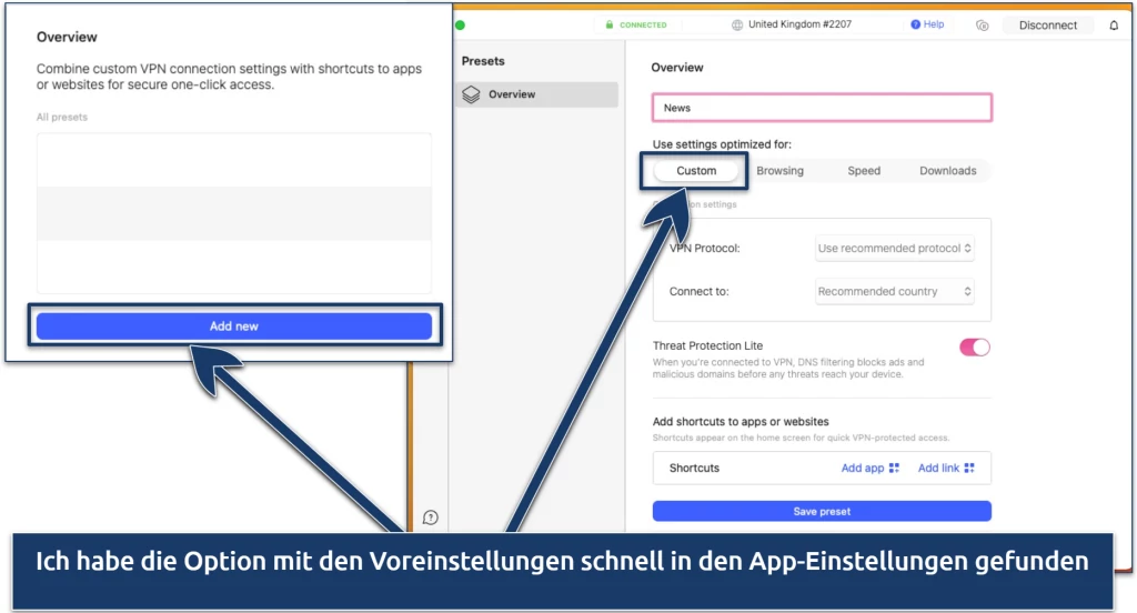 Screenshot of the Presets option in the NordVPN app