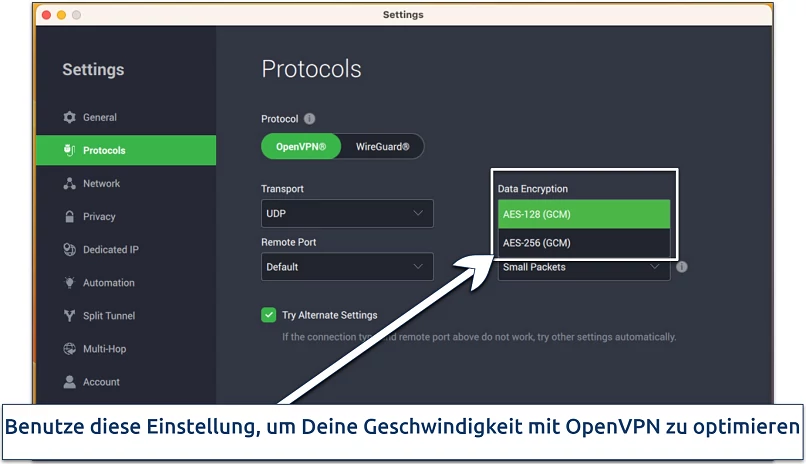 Screenshot of PIA's settings to customize encryption and protocols