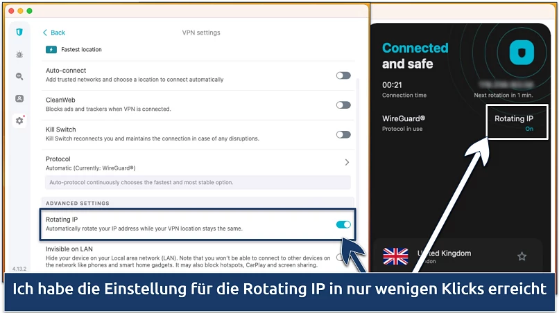 Screenshot of the Rotating IP feature in the Surfshark app
