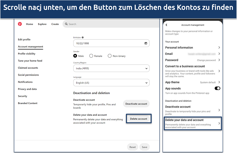 Ein Screenshot von Pinterests Kontoverwaltungsseite
