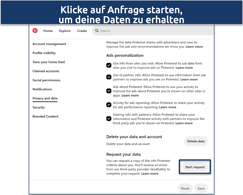 Ein Screenshot der Seite Datenschutz und Daten von Pinterest