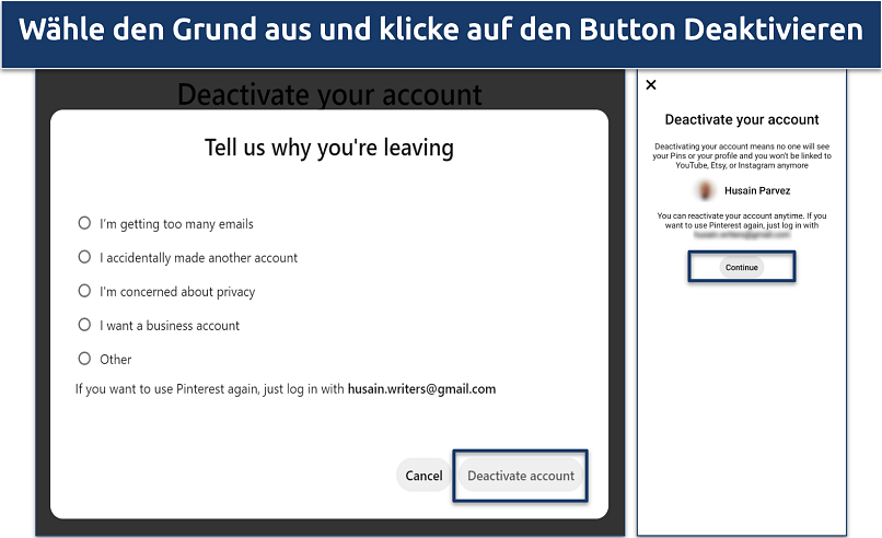 Ein Screenshot von Pinterests Konto-Deaktivierungsseite