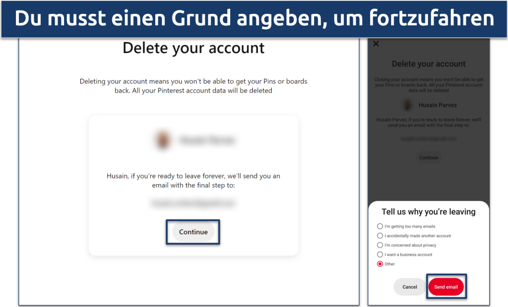 Ein Screenshot von Pinterests Account-Löschungsseite