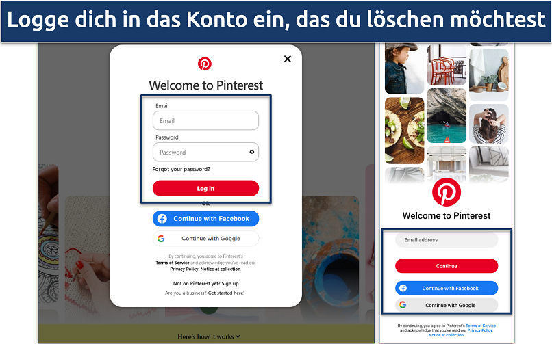 Ein Screenshot von Pinterests Anmeldeseite
