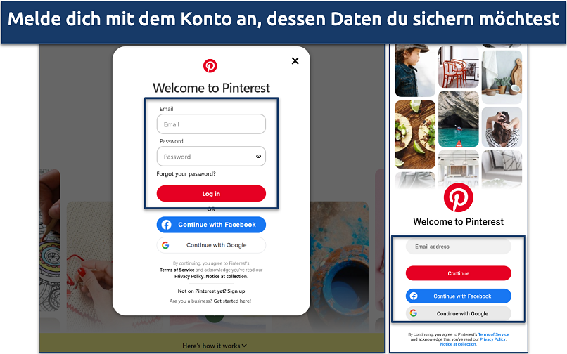 Ein Screenshot der Anmeldeseite von Pinterest