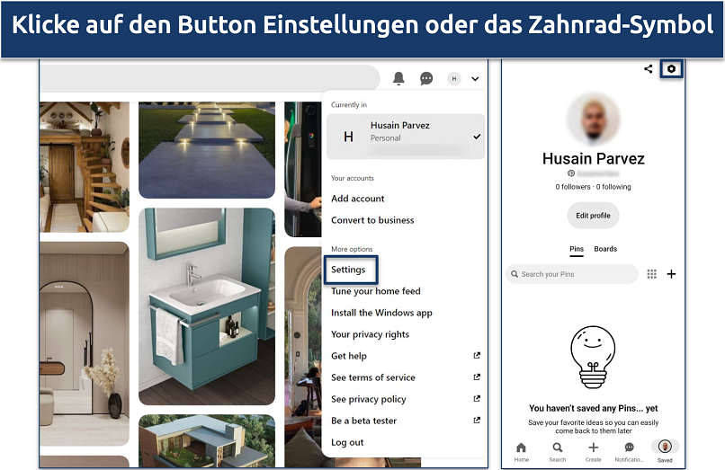 Ein Screenshot von Pinterests Einstellungensoption
