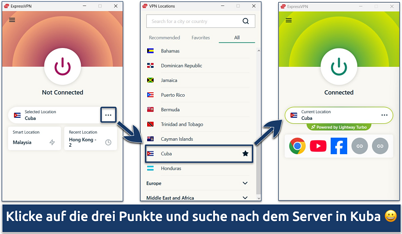 Screenshots of the ExpressVPN Windows app showing the process of connecting to a Cuba server