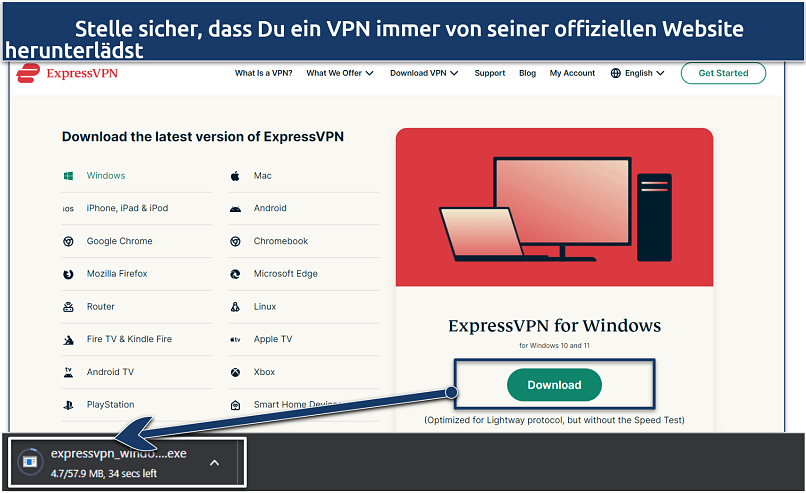 A screenshot showing how to download ExpressVPN