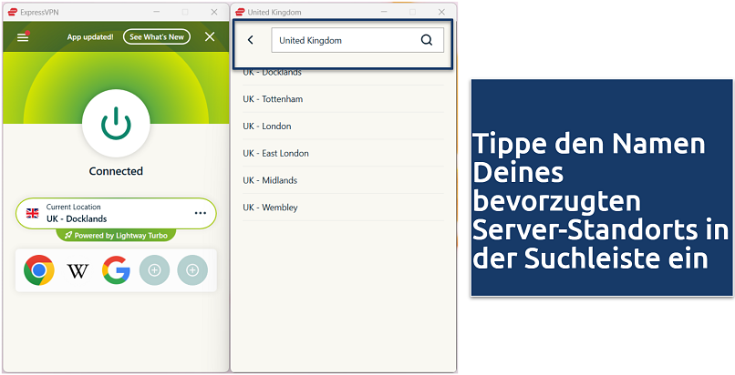 A screenshot showing how to connect to a specific server in the ExpressVPN app