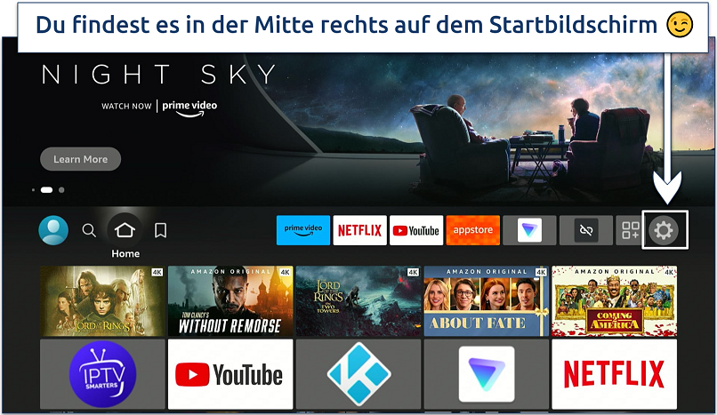Screenshot, der zeigt, wie du auf die Einstellungen auf dem Firestick zugreifst