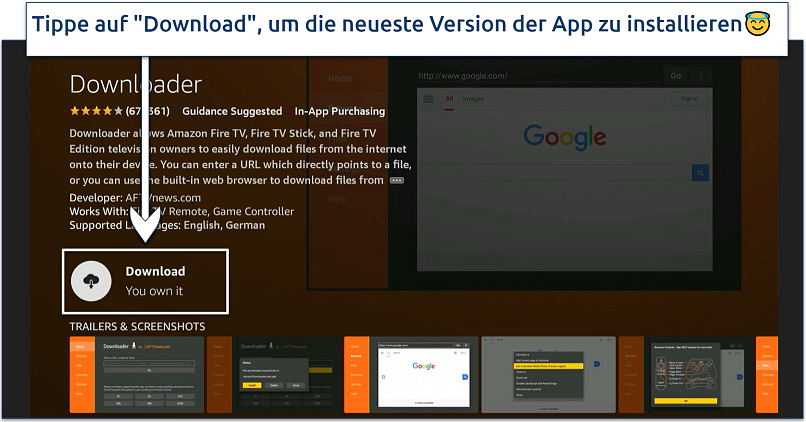 Screenshot zur Installation der Downloader-App