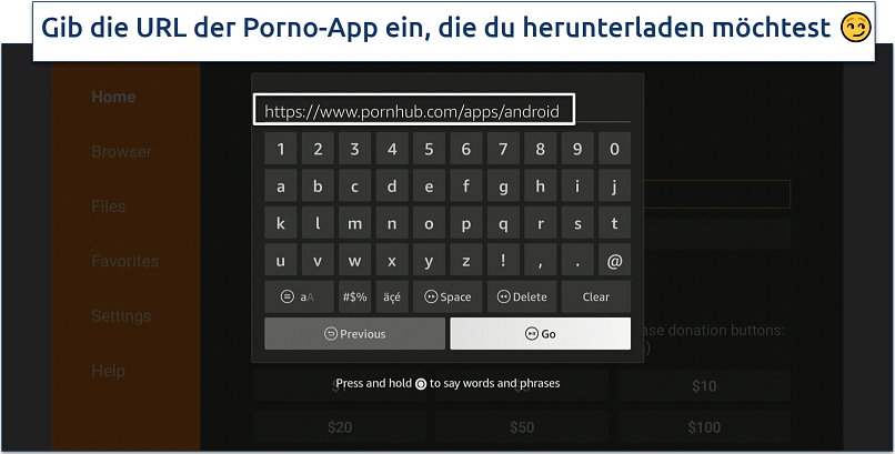 Screenshot, der zeigt, wie du die URL der Porno-App, die du herunterladen möchtest, eingibst