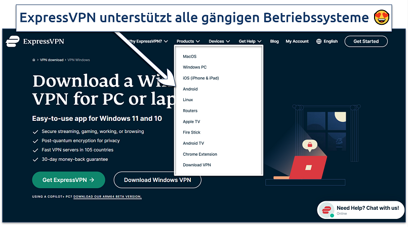 Screenshot of ExpressVPN's website with supported devices highlighted