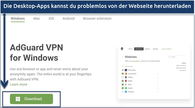 Ein Screenshot zeigt die Download-Seite von AdGuard VPN