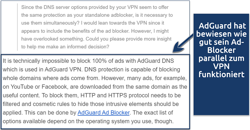 Ein Screenshot zeigt das Support-Team von AdGuard, wie es mir den Nutzen des Einsatzes seines eigenständigen Ad-Blockers zusammen mit dem VPN erklärt