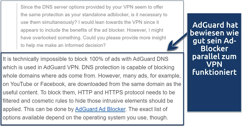 Ein Screenshot zeigt das Support-Team von AdGuard, wie es mir den Nutzen des Einsatzes seines eigenständigen Ad-Blockers zusammen mit dem VPN erklärt