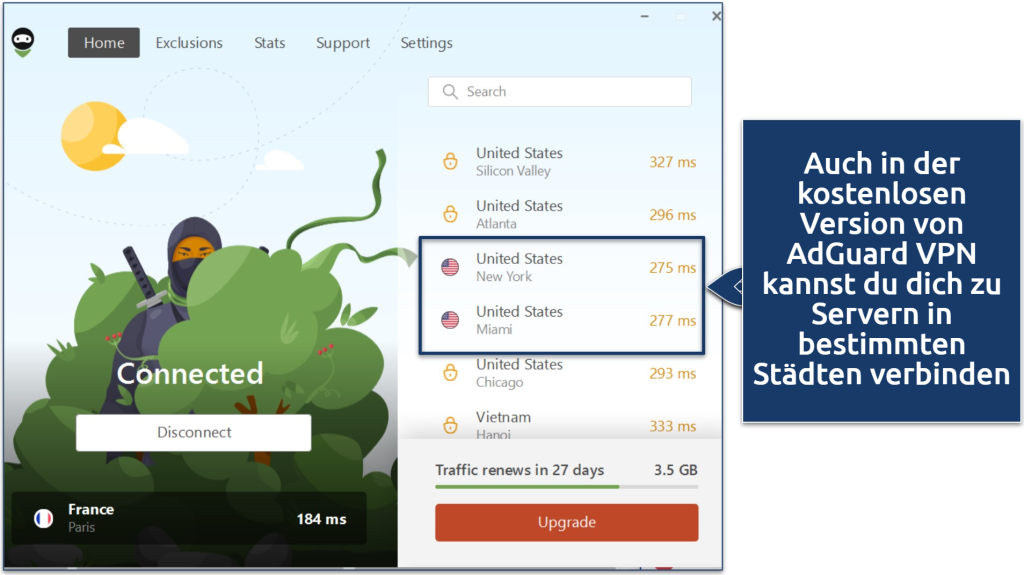 Ein Screenshot, der zeigt, dass Städteserver beim kostenlosen AdGuard VPN-Tarif nicht verfügbar sind