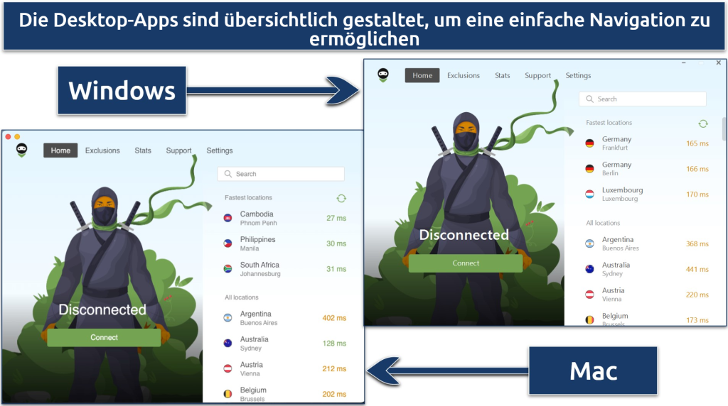 Ein Screenshot, der zeigt, dass die Benutzeroberfläche von AdGuard VPN auf Mac- und Windows-Apps konsistent ist