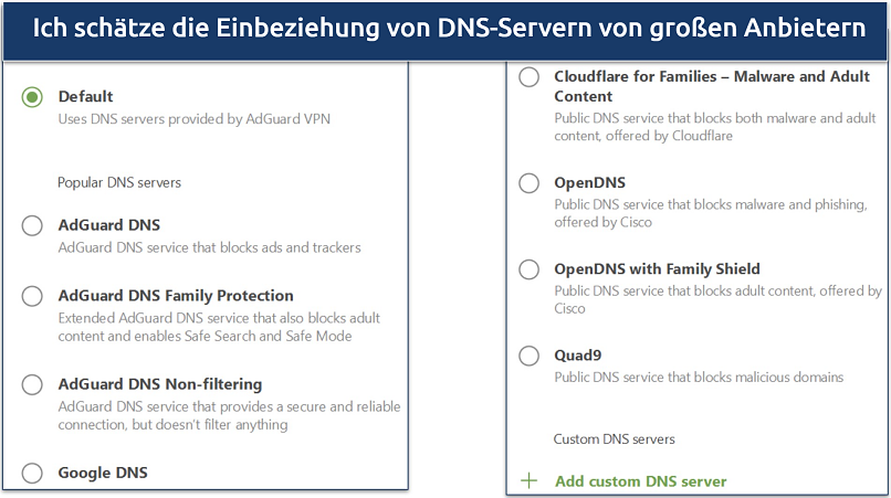 Ein Screenshot, der zeigt, dass AdGuard VPN unterschiedliche DNS-Filterfunktionen bietet, einschließlich Optionen für Dritt-Dienste
