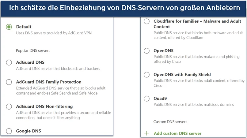 Ein Screenshot, der zeigt, dass AdGuard VPN unterschiedliche DNS-Filterfunktionen bietet, einschließlich Optionen für Dritt-Dienste