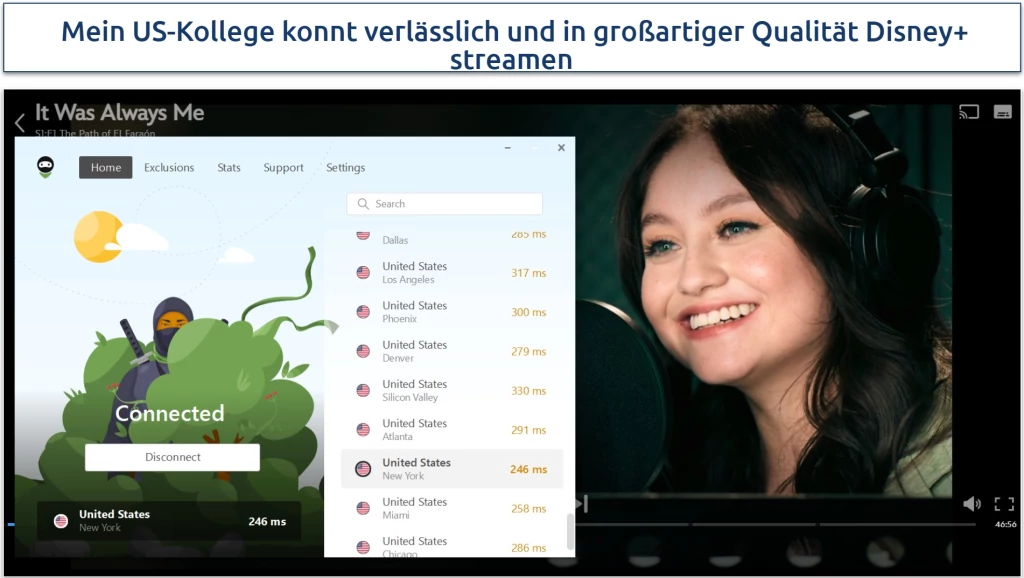 Ein Screenshot von Disney+ Streaming It Was Always Me, während verbunden mit AdGuard VPNs New York Server