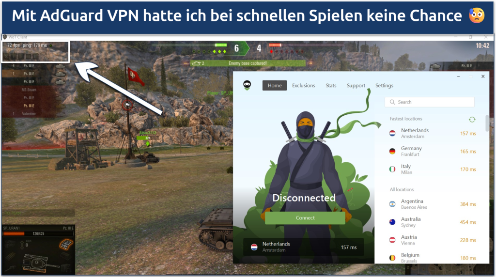Ein Screenshot, der das Spielen von World of Tanks (WoT) zeigt, während man mit dem schnellsten Server von AdGuard VPN verbunden ist