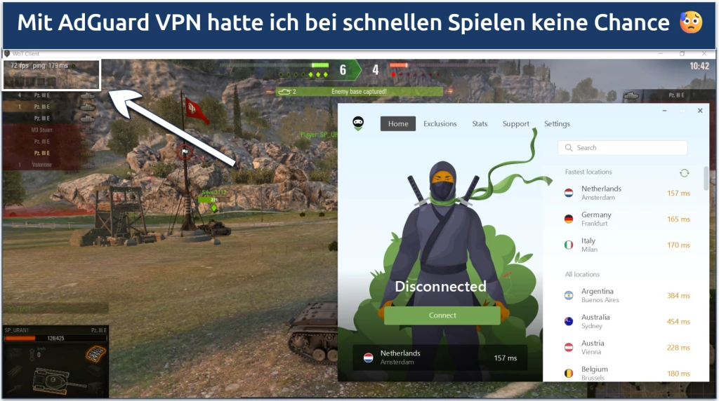 Ein Screenshot, der das Spielen von World of Tanks (WoT) zeigt, während man mit dem schnellsten Server von AdGuard VPN verbunden ist