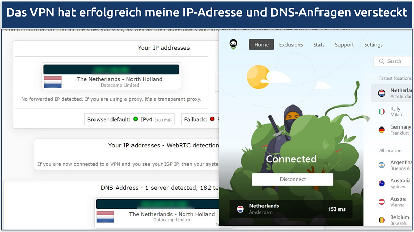 Ein Screenshot zeigt, dass AdGuard VPN DNS-, IP-Leck- und WebRTC-Tests bestanden hat