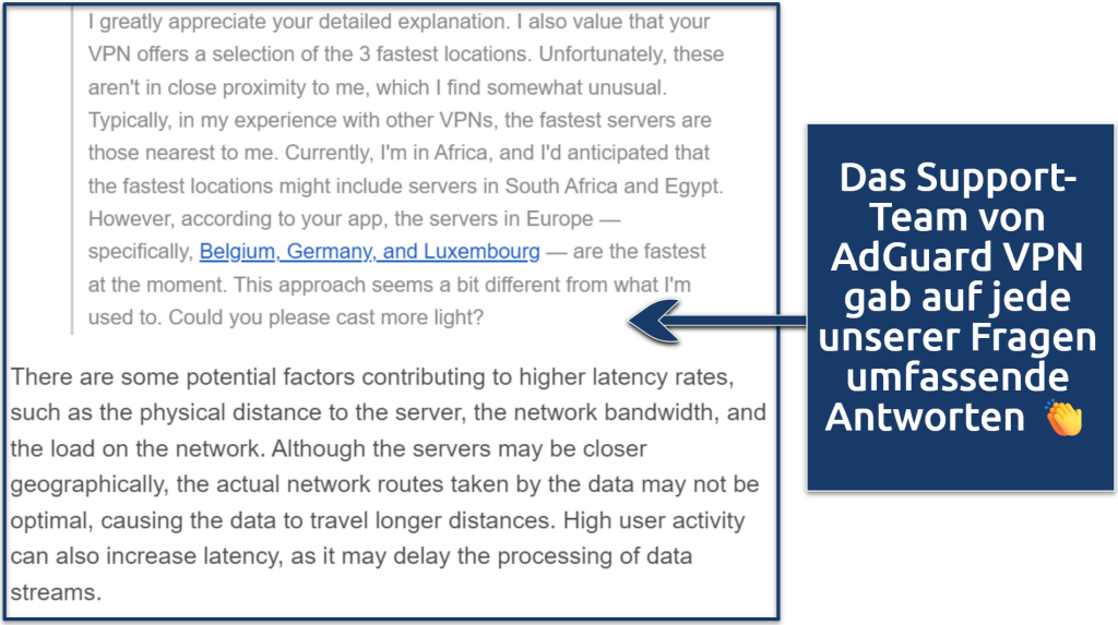 Ein Screenshot, der die Anleitung des Support-Teams von AdGuard VPN zu den Faktoren zeigt, die die Geschwindigkeit eines Servers bestimmen