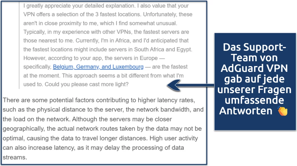 Ein Screenshot, der die Anleitung des Support-Teams von AdGuard VPN zu den Faktoren zeigt, die die Geschwindigkeit eines Servers bestimmen