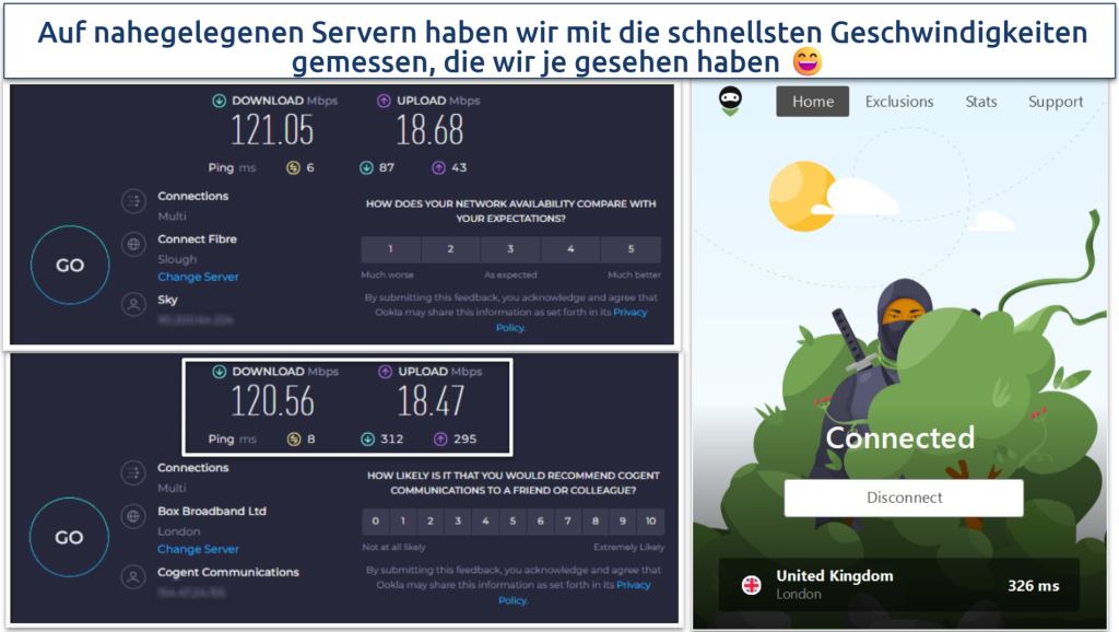 Eine Bildschirmaufnahme von Ookla-Geschwindigkeitstests, die durchgeführt wurden, während eine Verbindung zum AdGuard VPN UK-Server bestand und ohne VPN-Verbindung