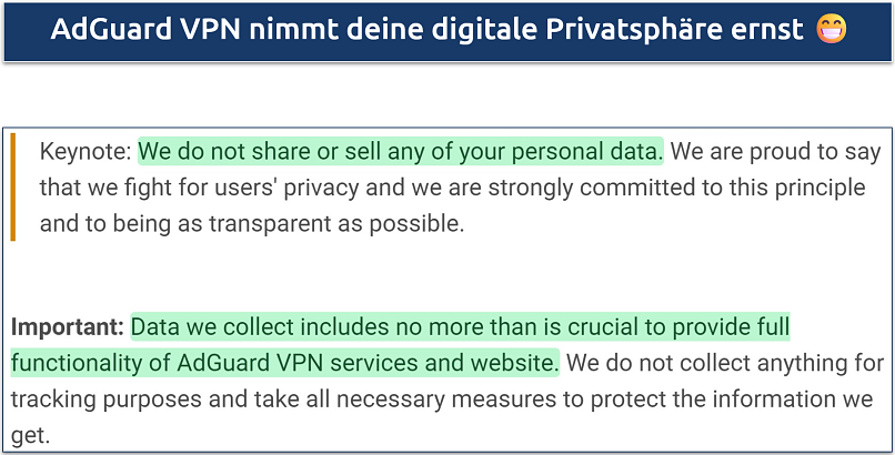 Ein Screenshot, der zeigt, dass AdGuard VPN keine sensiblen Informationen wie IP-Adressen speichert