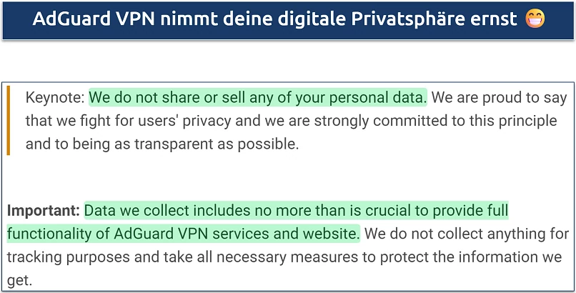 Ein Screenshot, der zeigt, dass AdGuard VPN keine sensiblen Informationen wie IP-Adressen speichert