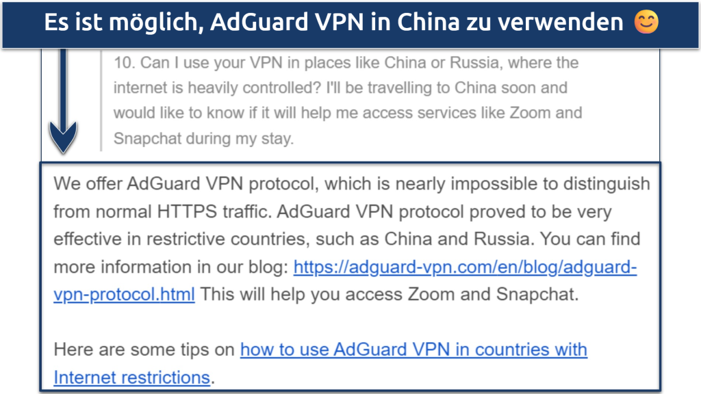 Ein Screenshot, der bestätigt, dass das Support-Team von AdGuard VPN in China funktioniert